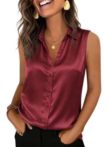 Image of Cicy Bell Womens Satin Sleeveless Button Down Shirts Work Blouse Silky Tops | V Neck, Collared Tank Tops, Professional, Office Clothes, Business Casual Outfits, Under Blazer Tops, Dress Down with Jeans