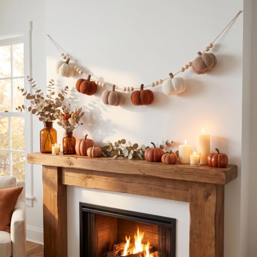 Fall Pumpkin Garland with Wooden Beads and String Light, Hand-Woven