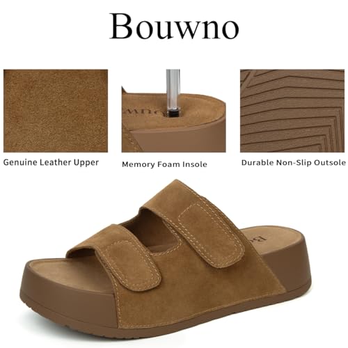 Image of Platform Sandals Women Genuine Leather Slip-on Beach Slide Buckle Comfortable Sandals with Memory Foam Soft Lining and Open Toe Low Wedges