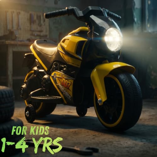 Image of MEKASHI 6V Electric Ride-On Bike for Kids with Bluetooth Music (Yellow) | Realistic styling with LED headlight, rechargeable battery & smooth ride performance for toddlers aged 1-4 years