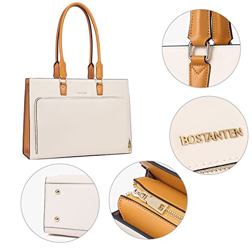 Bostanten Leather Briefcase For Women Vintage 15.6 Inch Laptop Bag Business Shoulder Handbag Beige #TOP6