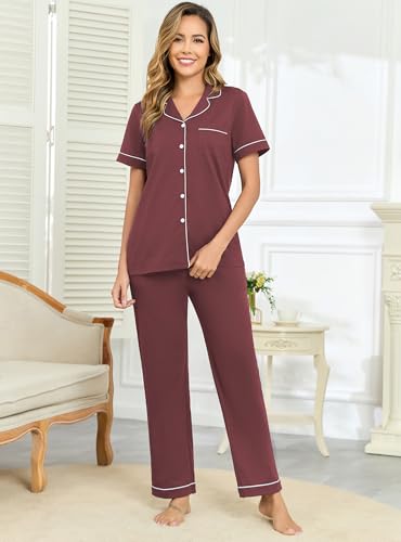 Image of Veseacky 100% Cotton Pajamas for Women Set Short Sleeve Button Down Sleepwear Soft 2 Piece Summer Pjs Lounge Sets S-XXL