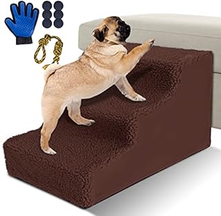 ZNM Dog Steps for Sofa and Bed, 3-Steps Removable Dog Stairs, Non-slip Pet Stairs for Small Dogs and Cats, Plastic Pet Ladder with Washable Plush Cover, Send Pet Glove & Rope Toy