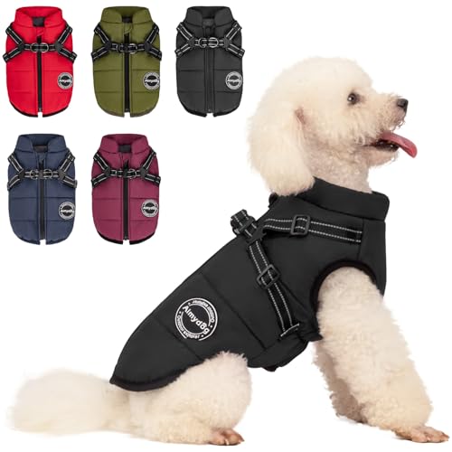 Aimydog Hundemantel Winter, Wärme Hundejacke Mit Brustgurt Gurt Winddichte mit bauchschutz, Haustier Outdoor Reflektierend Hundeweste mit Fleece Gefütterte für Kleine (Schwarz, M)