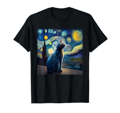 Gatto Notte Stellata Van Gogh Gatto Per Amante Gatto Gatto Mamma Gatto Papà Maglietta
