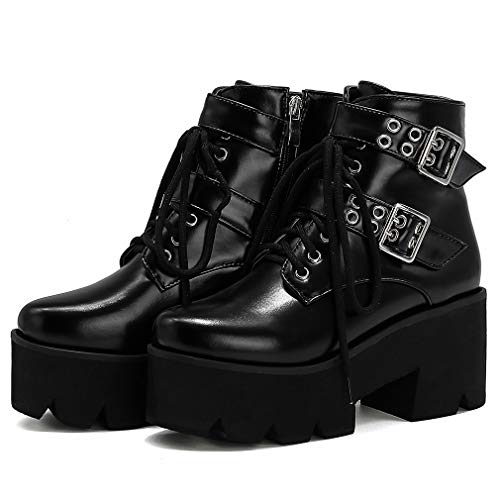 Image of Parisuit Womens Goth Patent Ankle Boots Platform Chunky Combat Boots | Lace Up, Gothic Boots, High Heel, Punk Short Booties, Buckle Boots, Chain Boots
