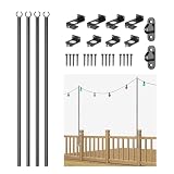 Mayset 4 Pack 6.5FT Stainless Steel String Lights Pole Bracket/Holder with 2 Wall Hooks for Deck Railing Wood Posts (Black)