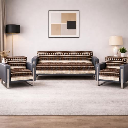 Image of Elegant Woven Brown Sofa Cover - Soft Chenille Traditional Pattern with Lace Style | L-Shape Sectional Seat Protector for Living Room | Durable & Stylish Slipcover 5 Seater Sofa