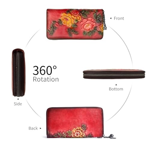 Image of Wallet Genuine Leather for Women - with RFID Blocking Card checkbook ID Slot Large Capacity Vintage style (rose red)