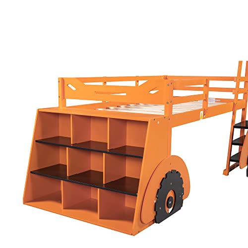 Loft Bed Forklift Car-Shaped With Storage Shelves Low Twin Loft Beds Wood Theme-Based Bed Frame With Safety Rail For Kids Bedroom, Twin Size Junior Loft Bed For Boys Girls Teens, Orange #TOP5