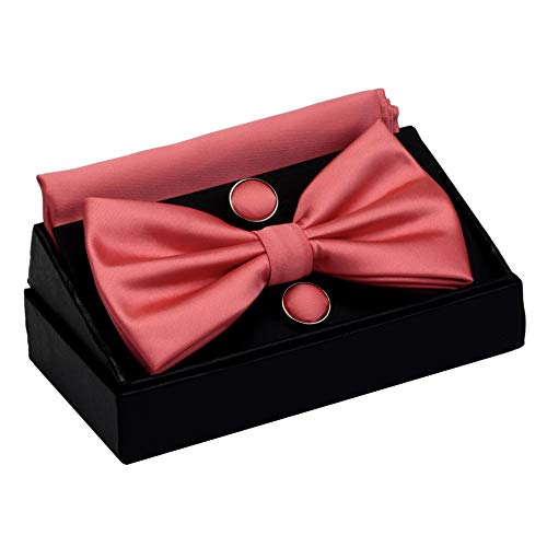 Image of GUSLESON Men's 3-pc Solid Color Bow Tie Gift Set - Double‑Fold Pre-Tied Bow Tie, Pocket Square, Cufflinks - Wedding Formal Party