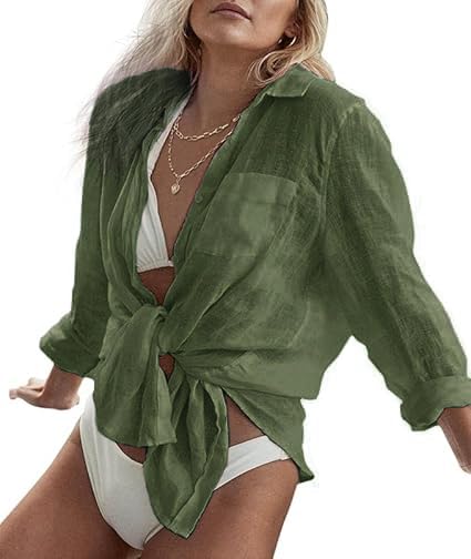 Image of CoCozy Bathing Suit Cover Ups for Women, Long Sleeve Swimwear Button Down Shirt Dress Swimsuit Bikini Beach Cover Up 2026, Army Green