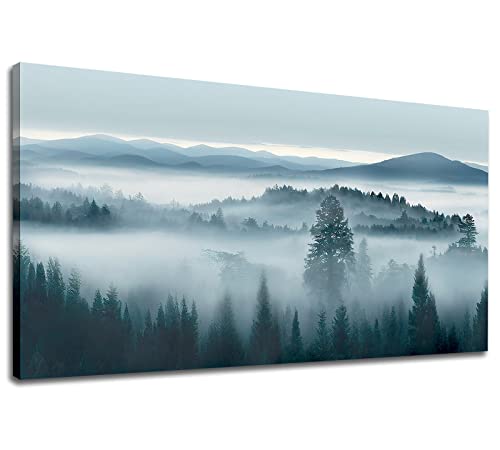 Foggy Forest Canvas Wall Art Indigo Misty Forest Pictures Blue Grey Abstract Mountain Trees Painting Artwork Nature Scene Canvas Art for Living Room Bedroom Office Home Wall Decor 50X100CM