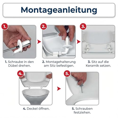 WC-Sitz aus Kunststoff, Weiß, mit Deckel, robuste und pflegeleichte Toilettenbrille, einfache Montage, geräuschmindernde Silikonpuffer, 36,5 x 45 x 3,5 cm