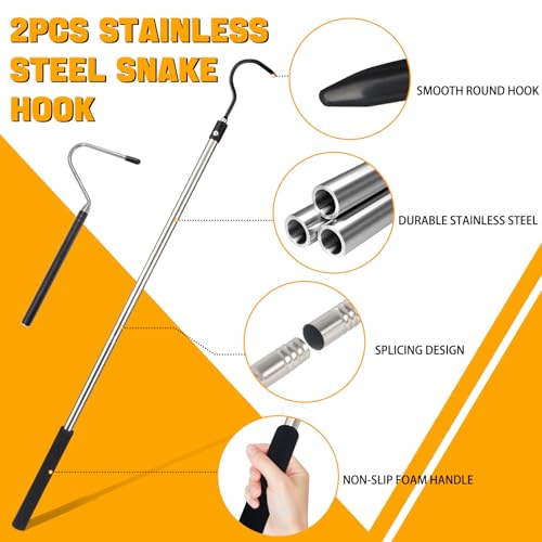 Image of 2pcs Snake Hook Set, Heavy Duty Snake Catcher Stainless Steel Snake Handling Tool for Moving Ball Rattlesnakes Python Copperhead with Long Handle (65inch&26inch)