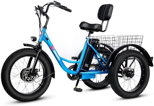 Geemax Electric Tricycle for Adults, 20" x 4.0 Fat Tire Electric Trike, 36V 350W 13Ah Lithium Battery UL Certified, Motorized 3 Wheel Electric Bicycle with Large Basket Outdoor Beach Sonw, Blue