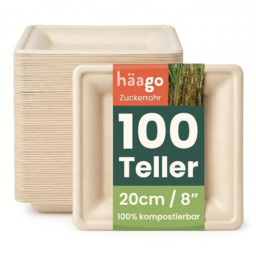 HAAGO 100 Extra Stabile Kompostierbare Zuckerrohr Teller, 20 cm...