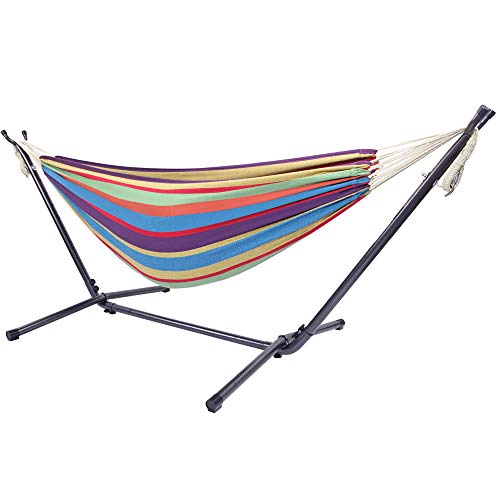 Double Hammock,Hammock Stand with Space Saving Steel Stand and Carrying Case,Portable Hammock,2-Person Standing Hammocks for Outdoor Camping Garden Yard Patio (Colorful)