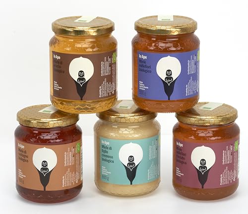IO APE - Selección de mieles orgánicas del lago de Como - (5 x 500 g) Acacia, Castaño, Tilo Cremoso, Millefiori, Millefiori Summer - Esparcidor de miel