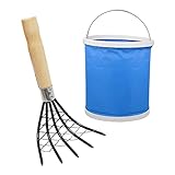 11L Folding Bucket+5-Tine Ninja Steel Claws Hand Rake Short Clam Harrow with Mesh Bag for Catching Clams/Seafood/Shells