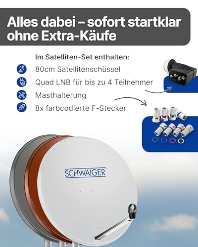 SCHWAIGER Satellitenschüssel Komplettset - Ø 80 cm Stahl Offset Antenne in Hellgrau - Inkl. sonnengeschütztes Quad LNB 4-Fach - Digital HD & 4K Empfang - Integrierte Kabelführung & wetterfest