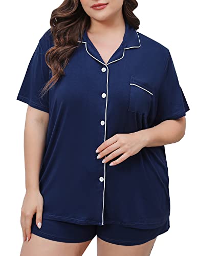 Swomog Women's Plus Size Pajamas Set Button Down Tops Short Sleeve Sleepwear Soft Pajama Shorts 2 Pcs Lounge Sets With Pocket Navy Blue #TOP26