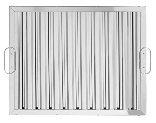 Fire Stopper Ultra Heavy-Duty 304 Stainless Steel Grease Baffle Filter. UL Certified and NSF Approved. Mirror Finish. Dishwasher Safe. Nominal Size 20”x16”x2”. Factory installed handles.