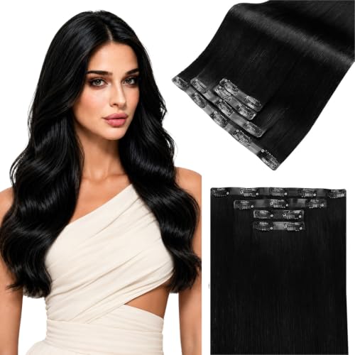 Image of LaaVoo Seamless Clip in Hair Extensions Human Hair Black Seamless Hair Extensions Clip in Black Human Hair Clip on Extension 16Inch 4pcs 80g