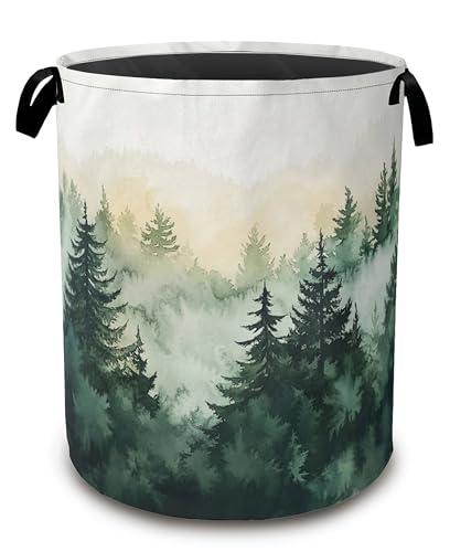 Image of Large Laundry Basket,Green Forest Collapsible Laundry Baskets,Misty Mountains Waterproof Oxford Hamper with Handles for Bathroom Bedroom Nursery Home Storage 16"x20"