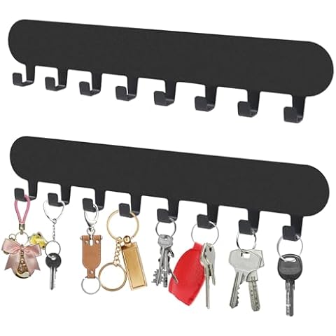 Suzurana 2 Pack Key Holder for Wall Adhesive Black, Key Hooks with 8 Hooks, Key Holder Wall Mount Self Adhesive, Key Rack Wall Mount for Wall No Drill for Living Room, Kitchen, Bathroom, Garage Cover