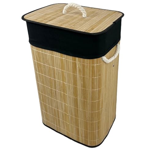 Gr8 Home 72 Litre Bamboo Laundry Basket with Lid Foldable Washing Bin Clothes Tidy Rectangular Storage Bag Folding Hamper with Cloth Liner