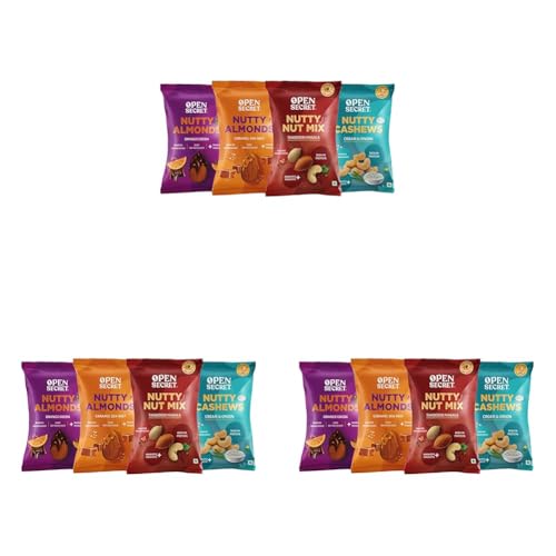 Image of Open Secret Mini Nuts| Pack of 12 (23g each)|Snacks Gift hamper |Caramel Sea Salt & Orange Cocoa Almonds, Cream & Onion Cashew, Tandoori Nuts |Roasted Diet Dry Fruits |Immunity Boosters| Healthy Snacks
