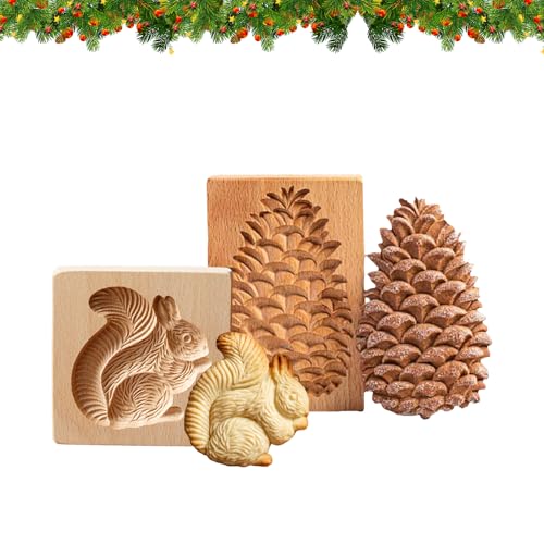 Squirrel,Pine Cone Shape Wooden Cookie Cutter Embossing Mold,3D Carved Wooden Cookie Mold,Mooncakes,Biscuit Press Stamp Molds for Baking Moulds Christmas Thanksgiving Halloween Kitchen DIY (2 PCS)
