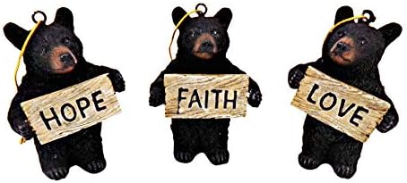 Trinity Church Supply Black Bears Holding Heartfelt Wooden Signs, Rustic Christmas Tree Ornaments, 3 1/2 Inch, Set of 3