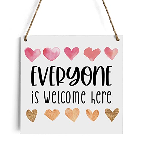 Rustic Boho Heart Decor Welcome Sign Wood Wall Art Wall Hanging Decor Inspirational Funny Diversity Pride Wooden Decorative Plaque Sign For Home Door Outdoor Classroom Everyone Is Welcome Here Sign #TOP29