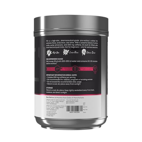 Image of Muscle Asylum F9 Pre Workout Powder - 200mg Caffeine | Beta Alanine, Citrulline, Arginine | Energy, Focus & Pump Support | For Adults (250g, Fruit Punch)