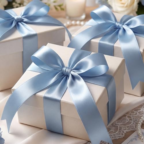 Image of woric Dusty Blue Satin Ribbon 1 Inch 50 Yards Light Baby Blue Ribbon | Gift Wrapping Bows Holiday Decor Sewing Corset Lacing Hair Bows Gift Basket DIY Crafts