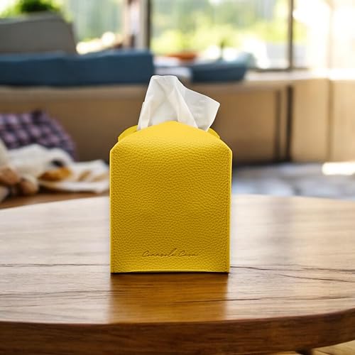 Boîte à mouchoirs en cuir jaune au design carré chic pour intérieur moderne - 8