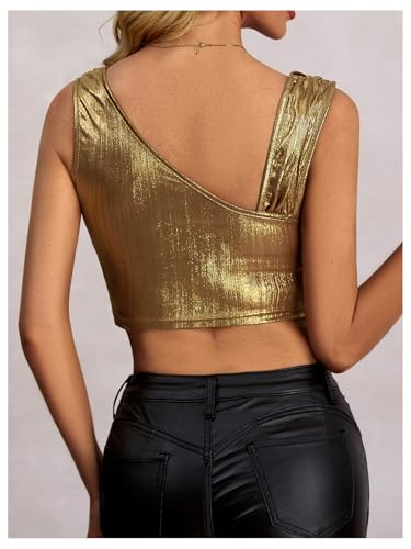 Women's Metallic Cowl Neck Tank Top Ruched Tie Front Sleeveless Party Club Crop Tops2