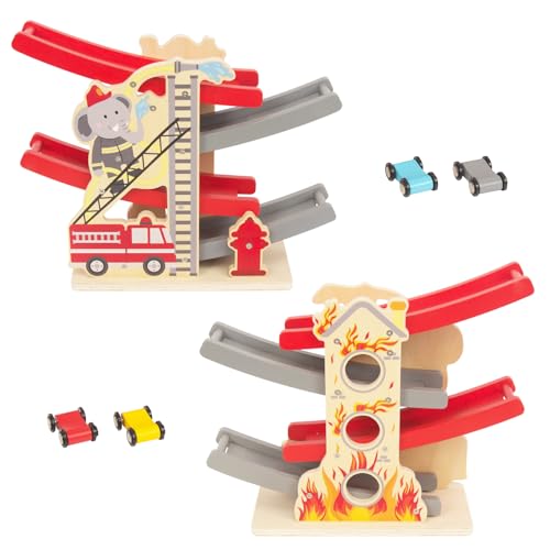 Car Ramp Racer Toy, Kid Wooden Race Track with Cars & Race Tracks, Montessori Toys for Toddlers Boys Girls Gift (Red)