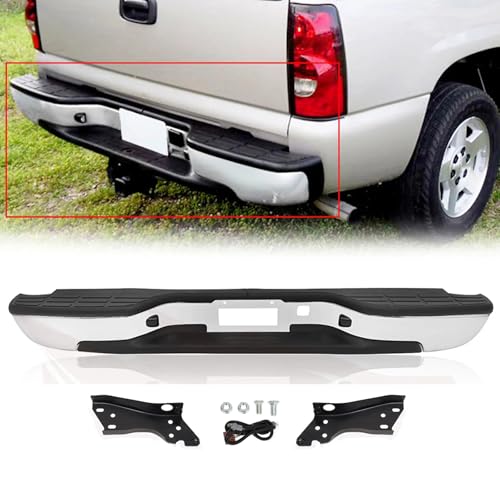 PENSUN Rear Step Bumper Assembly Compatible with 1999-2007 Chevy Chevrolet Silverado GMC Sierra 1500 2500 Classic Face Bar W/License Plate Lights W/O Parking Sensor Hole Chrome