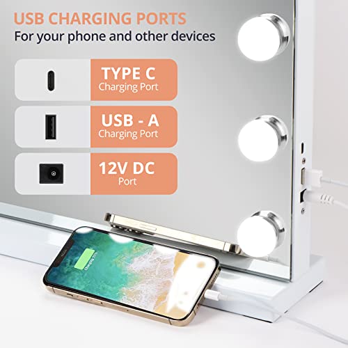 Fabuday Lighted Vanity Makeup Mirror With Lights - Hollywood Desk Mirror With 17 Dimmable Led Bulbs & Usd Charging Ports For Bedroom Tabletop, Adjustable Brightness, 3 Color Lightning, White #TOP3