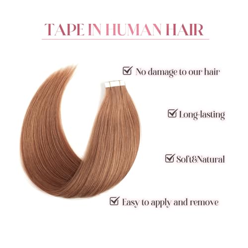 Image of Sixstarhair Medium Auburn Tape in Hair Extensions Remy Human Hair Copper Tape in Hair Extensions with Double Sided Tape [Color 30 Medium Auburn 12inch]