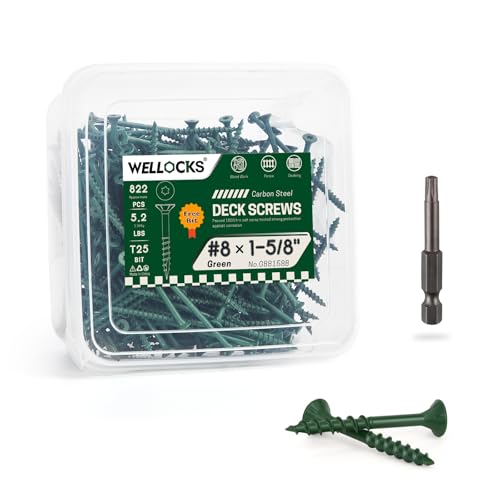 Image of WELLOCKS #8 x 1-5 /8 in Green Deck Screws, 5.2 lbs with T25 Bit | Rust Resistant Coating for Outdoor Fence Boards, Deck Boards, Trim, and General Wood Repairs.