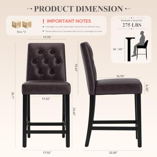 Image of MALOL Bar Stools Set of 4 Faux Leather Counter Height Bar Stools,Darkbrown