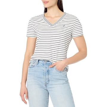Nautica Camiseta feminina listrada gola V manga curta, Branco brilhante/céu noturno, G