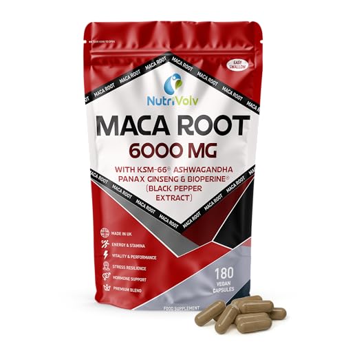 Maca Root 6000mg Complex | 180 Vegan Capsules (90 Day Supply) | with KSM-66® Ashwagandha, Panax Ginseng & BioPerine® | Energy, Stamina, Vitality, Performance, Hormone & Stress Support | by NutriVolv
