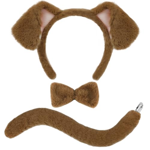 Beviliu 3 Pieces Dog Costume Set, Golden Dog Ears and Tail Bowtie, Brown Puppy Ears Costume for Halloween Cosplay Dress Up Birthday Party