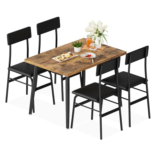 Image of IDEALHOSUE Dining Table Set for 4, 5 Piece Kitchen Table Set with 4 Upholstered Chairs, Breakfast Table for Samll Space, Dining Room, Apartment, Restaurant, Rustic Brown