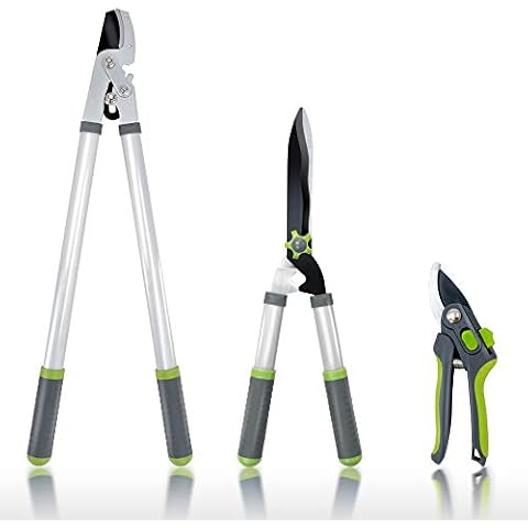 Hortem 3PCS Garden Shears Set with 28" Tree Loppers Heavy Duty, 23" Professional Hedge Clippers, 8" Sharp Pruning Shears as Tree & Shrub Care Kit Cover